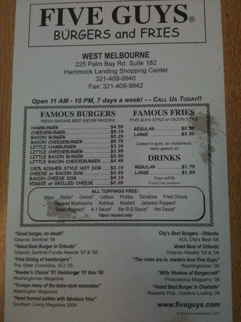Five Guys Burgers and Fries Menu
