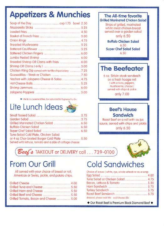 Menu at Beef's pub & bar, Horseheads