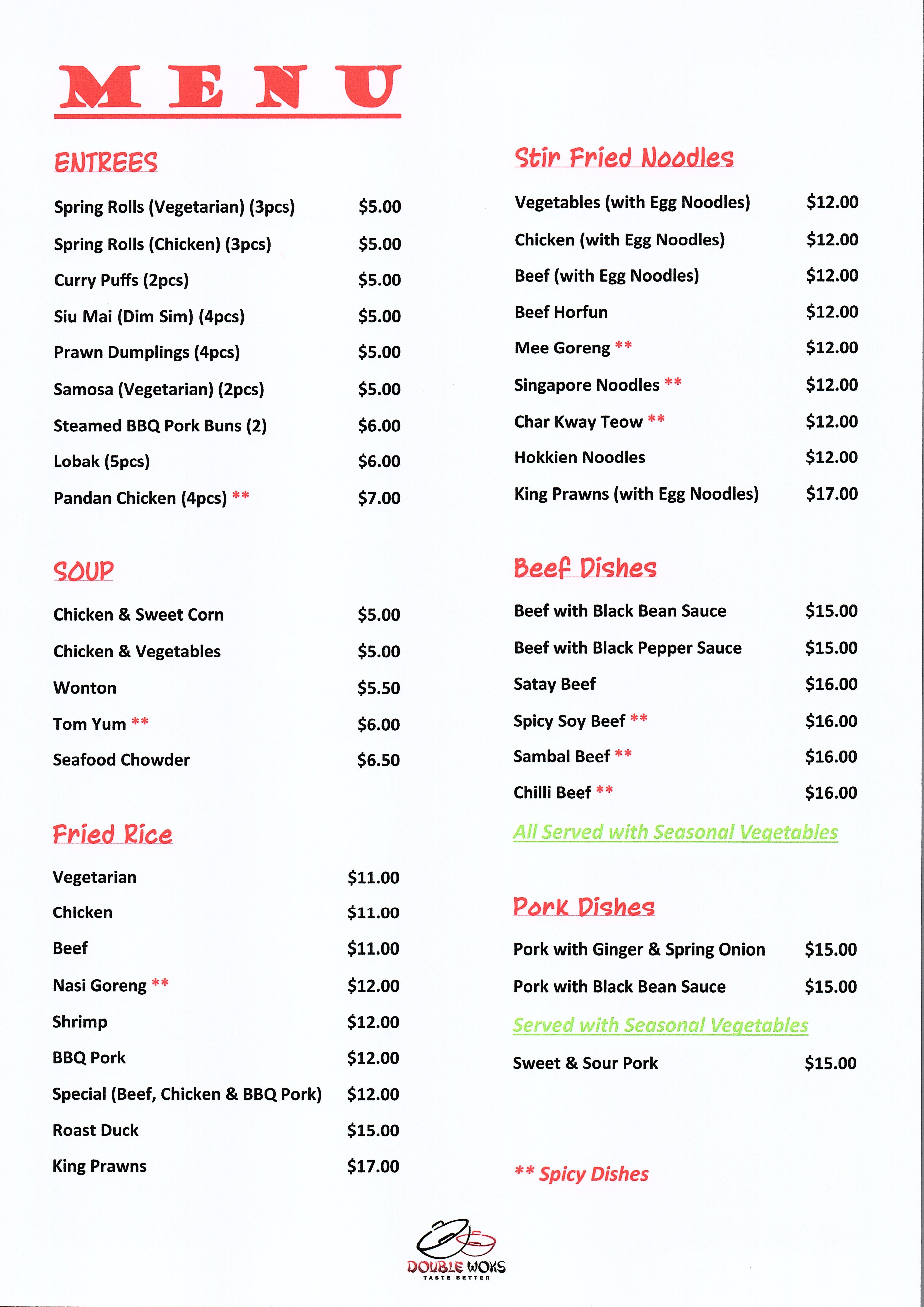 Menu at Double Woks restaurant, Bentleigh East