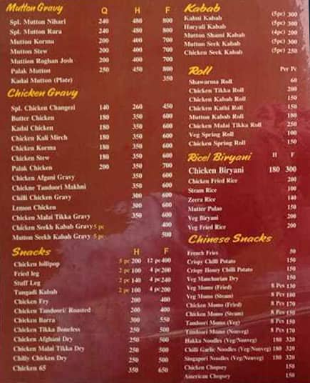 Menu Of Doon Darbar, Dharampur, Dehradun