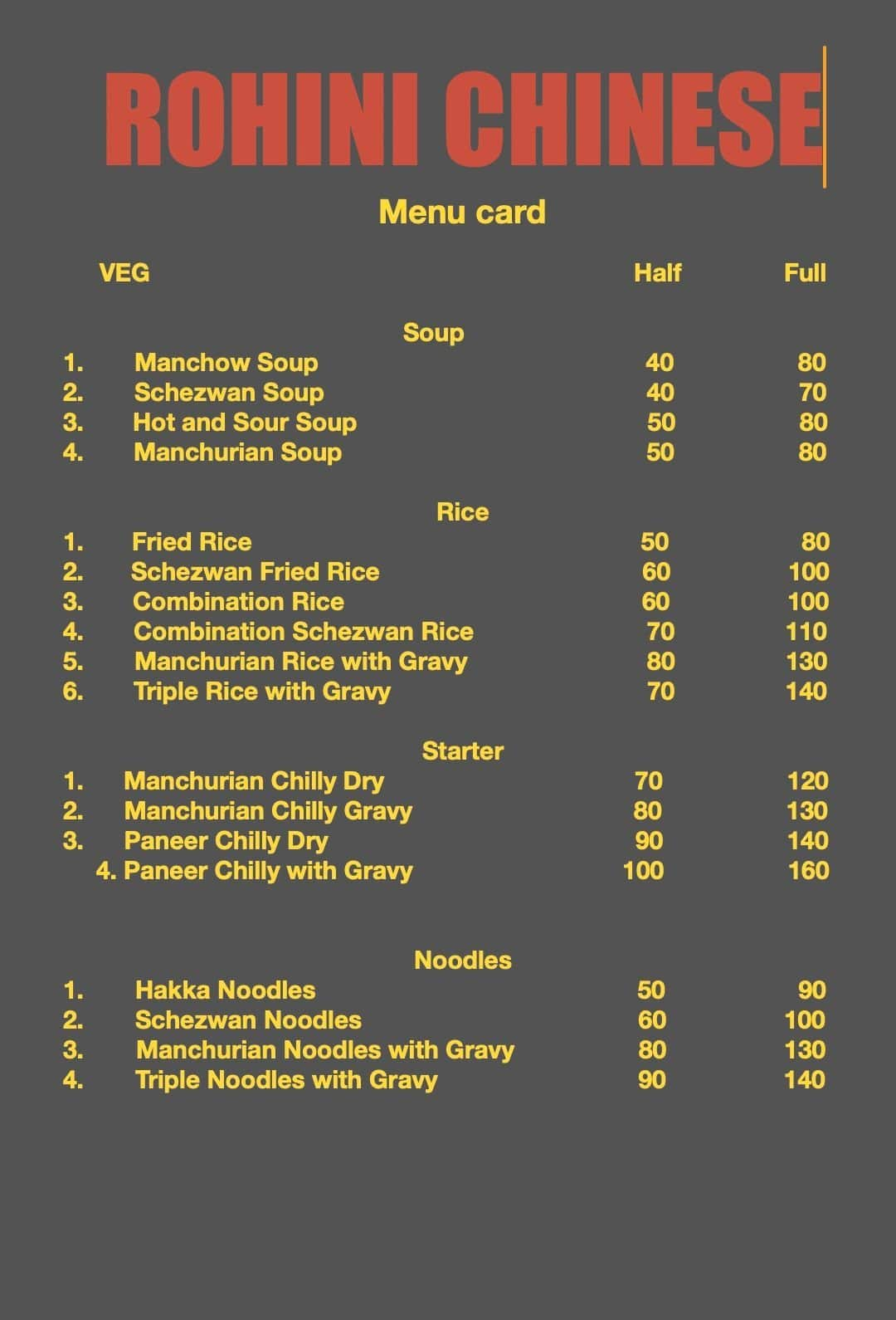 Menu of Rohini Chinese Restaurant, Virar, Mumbai