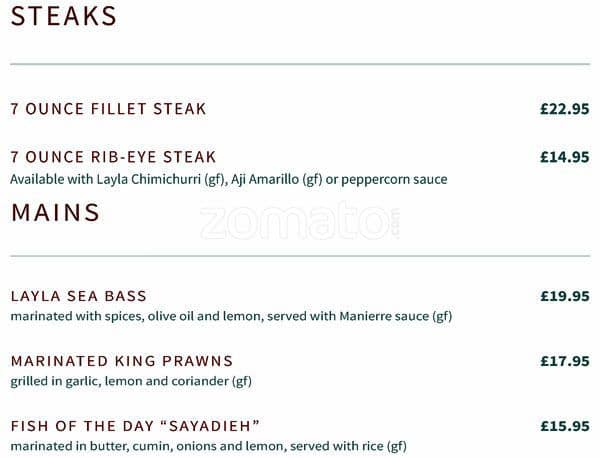 Layla Restaurant menu
