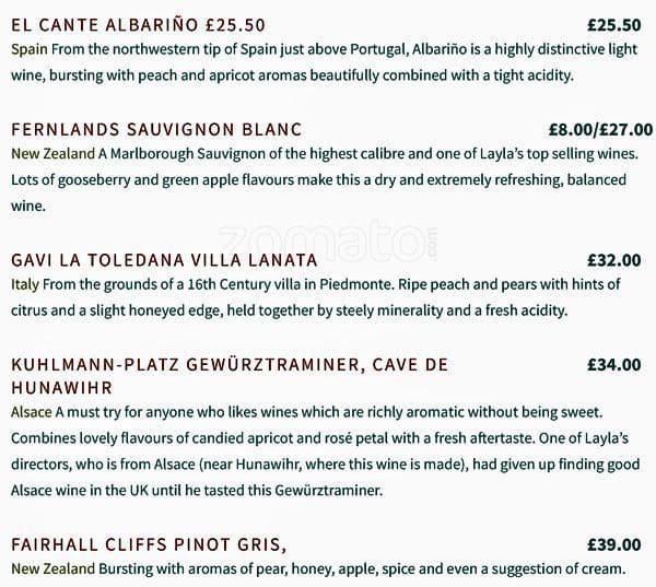 Layla Restaurant menu