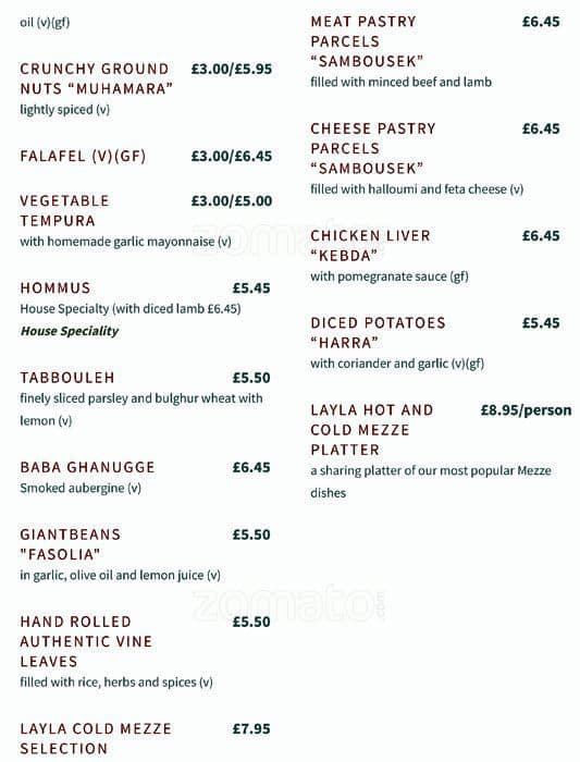 Layla Restaurant menu