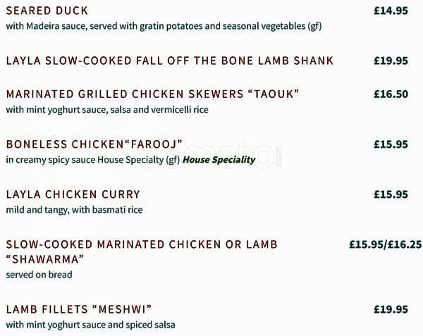 Layla Restaurant menu