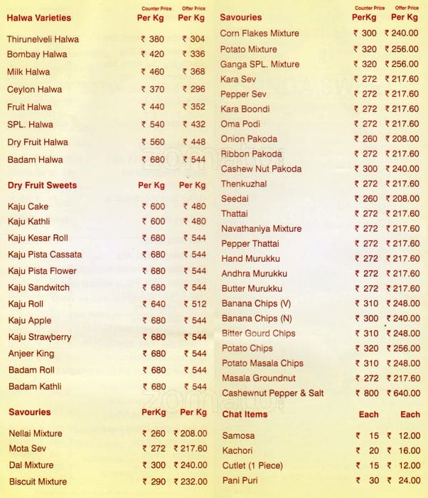 Ganga Sweets Menu, Menu for Ganga Sweets, Valasaravakkam, Chennai Zomato