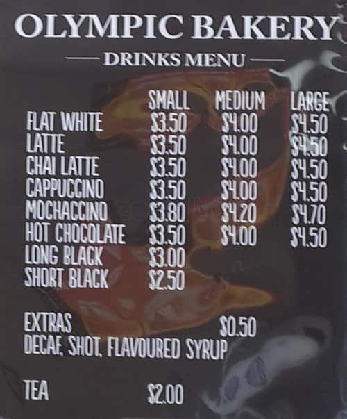 Olympic Bakery Menu, Menu v reštaurácii Olympic Bakery, Chartwell