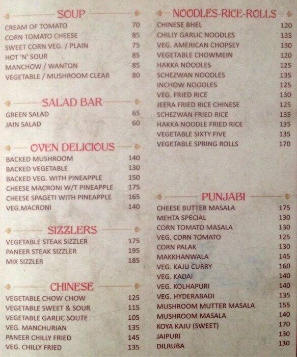Mehta Restaurant Menu, Menu for Mehta Restaurant, Ellis Bridge