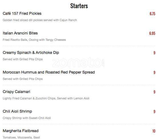 Cafe 157 menu