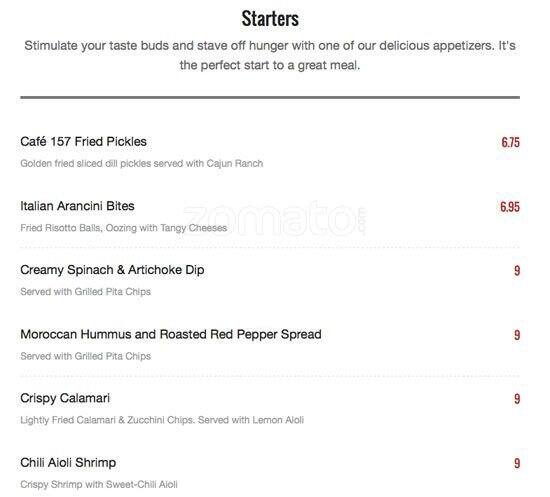 Cafe 157 menu