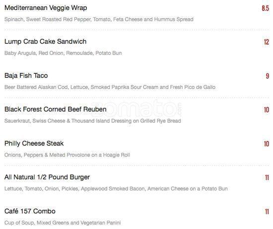 Cafe 157 menu