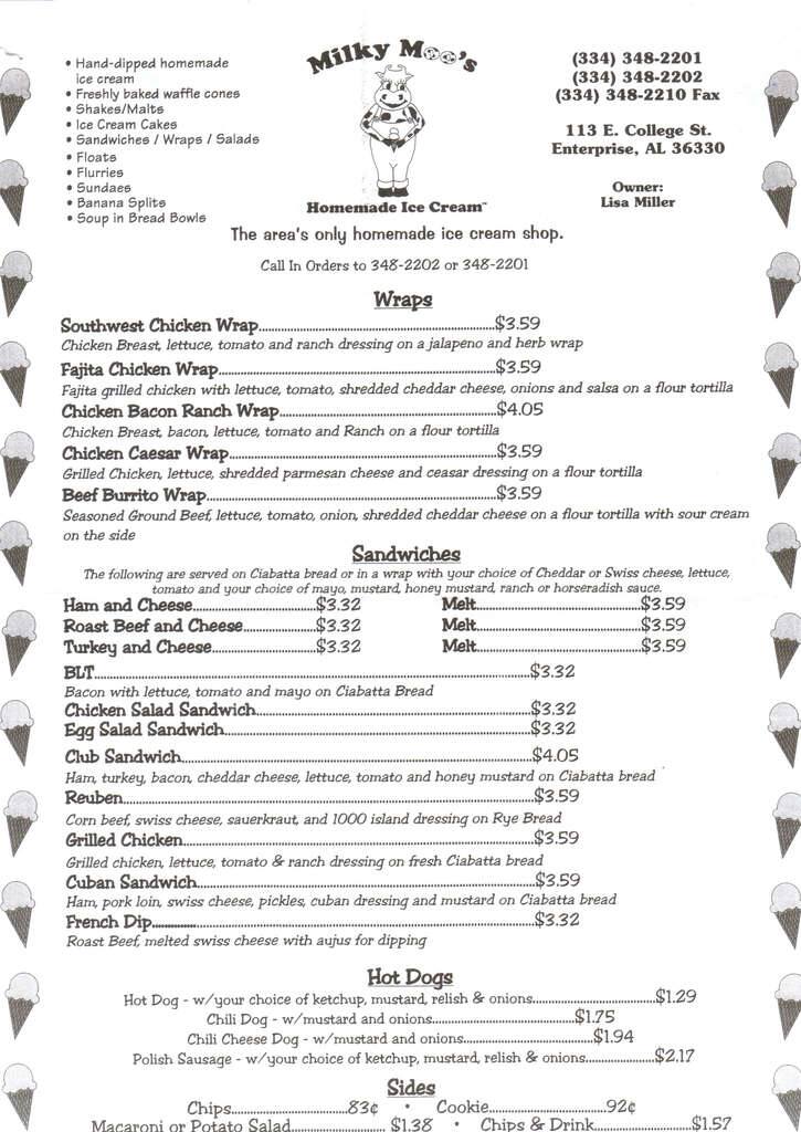 Milky Moo's Menu, Menu for Milky Moo's, Enterprise, Dothan Urbanspoon