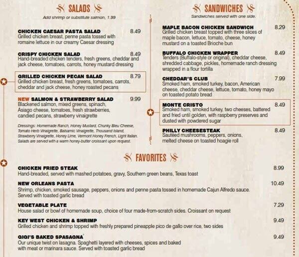 Menu at Cheddar's Scratch Kitchen restaurant, Jacksonville, Western Blvd