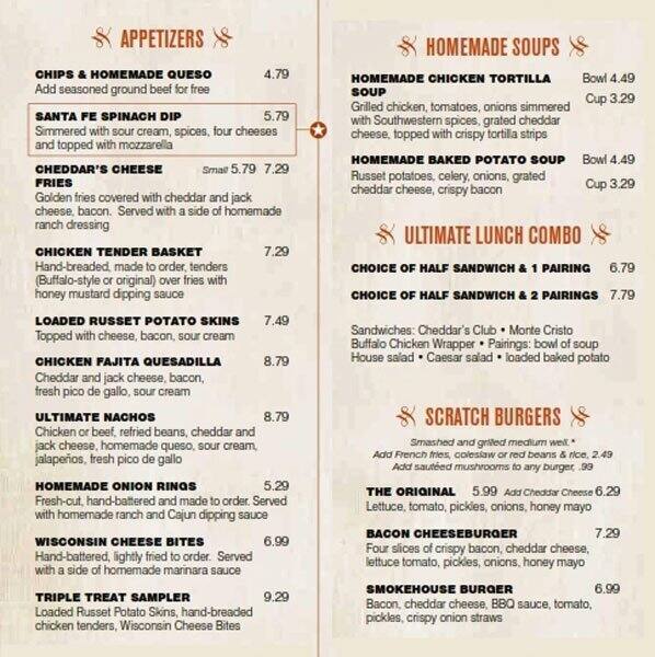 Menu at Cheddar's Scratch Kitchen restaurant, Jacksonville, Western Blvd