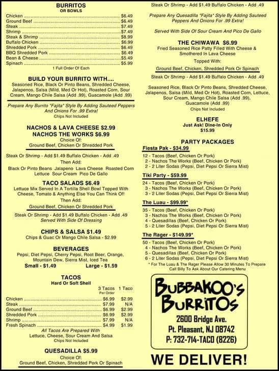 Bubbakoos Burritos Menu, Menu for Bubbakoos Burritos, Point Pleasant