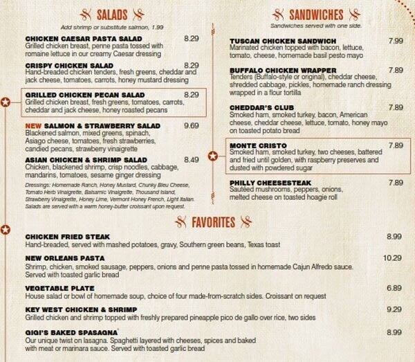 Menu at Cheddar's Scratch Kitchen restaurant, Valdosta