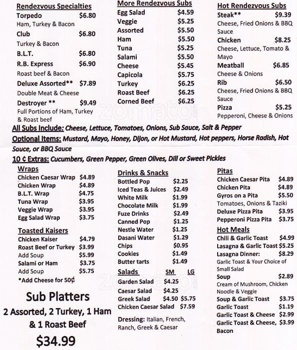 Menu at Rendezvous Submarine Shop fast food, Burlington