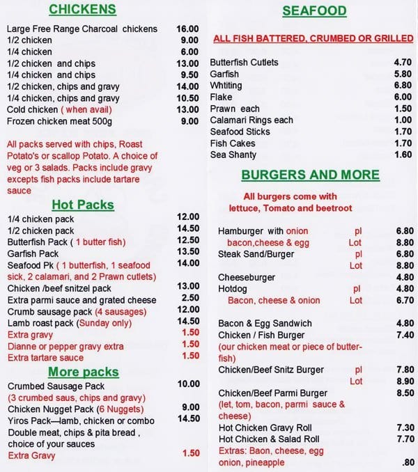 Menu at Cheek Ave Charcoal Chicken & Takeaway fast food, Gawler East