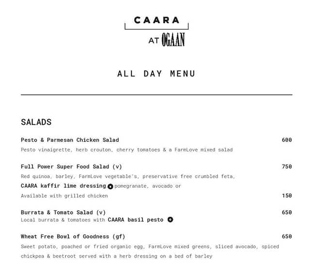Caara At Ogaan menu