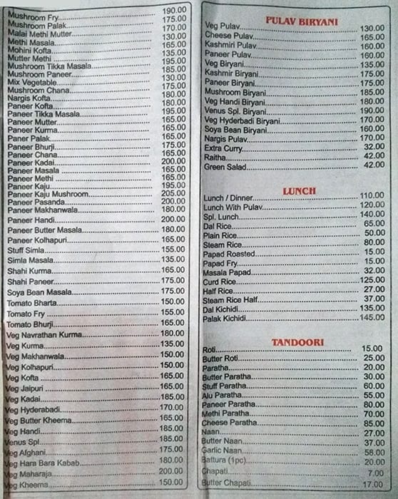 Hotel Venus Pure Veg menu