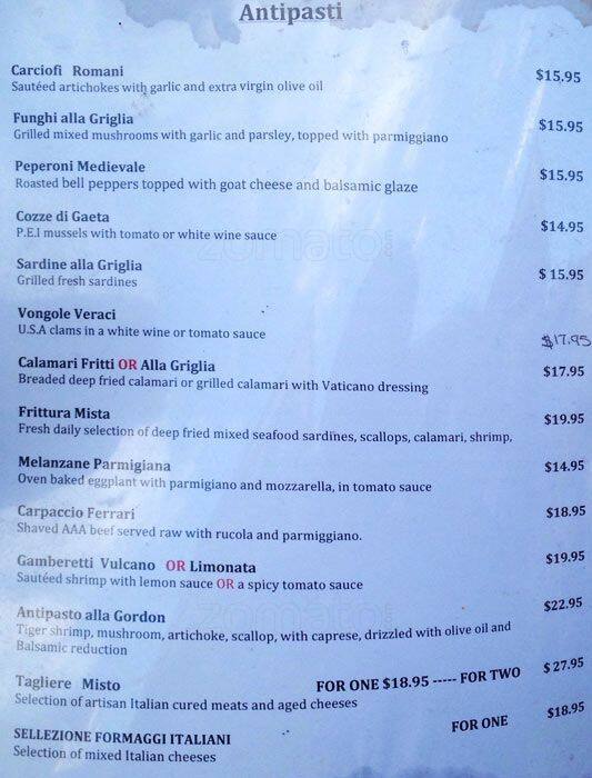 Vaticano Restaurant menu