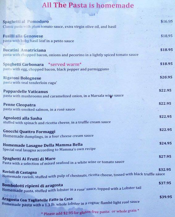 Vaticano Restaurant menu