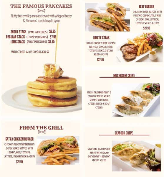 Pancake Manor menu, Menu restauracji Pancake Manor, Brisbane CBD