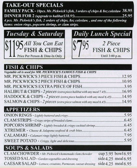 Mr Pickwick's Fish & Chips Menu Urbanspoon/Zomato