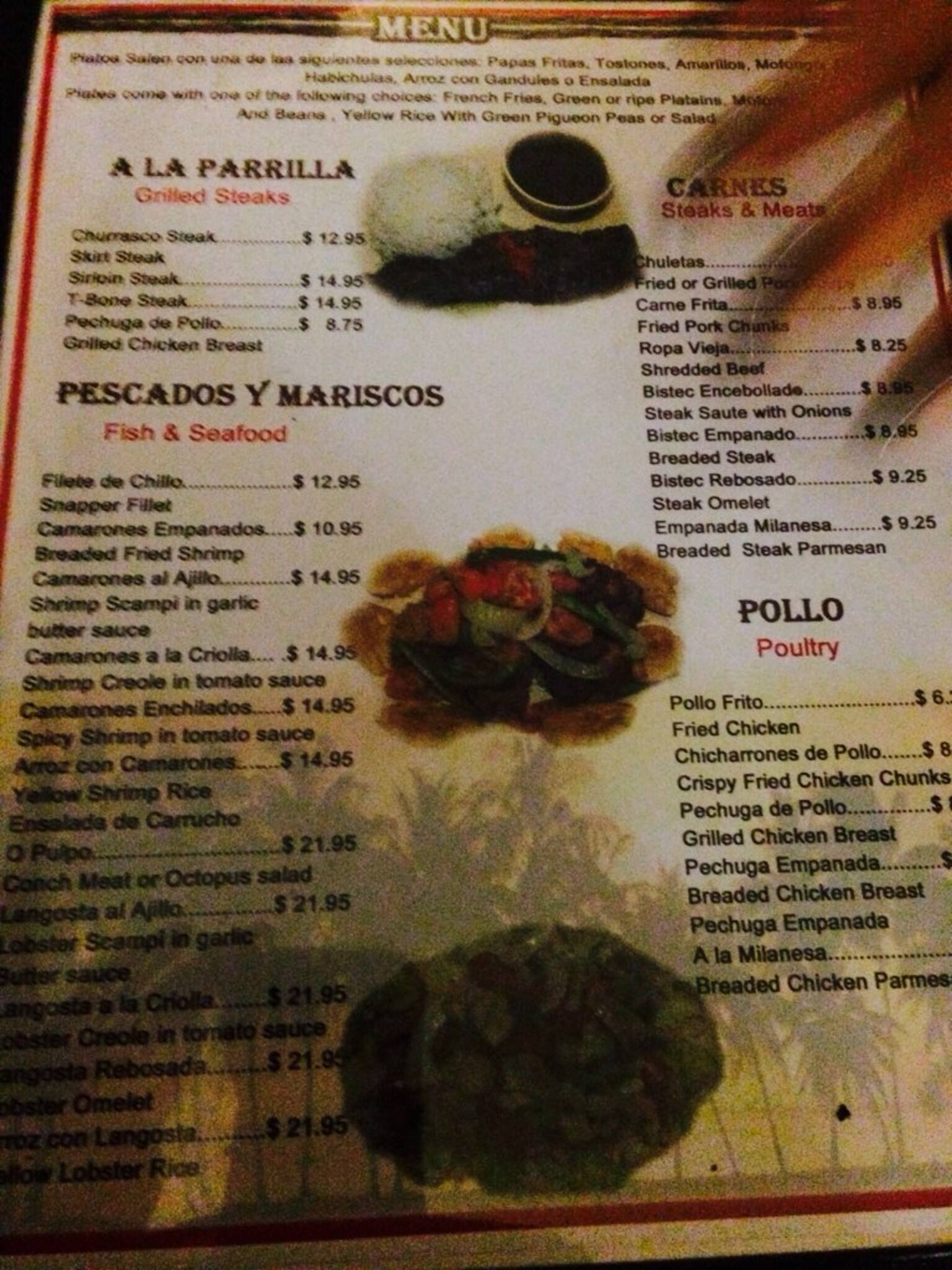 Menu at Puerto Rico's Cafe, Kissimmee