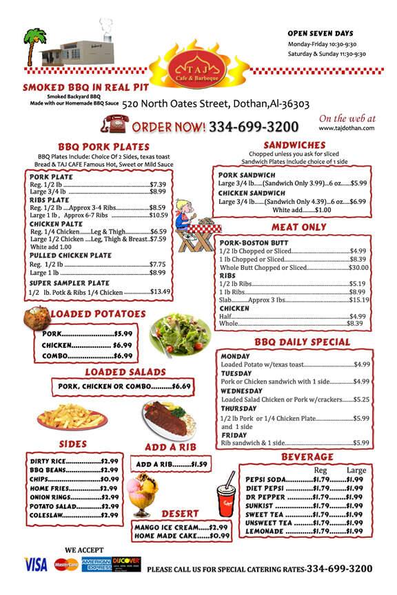 Menu at Taj BBQ, Dothan