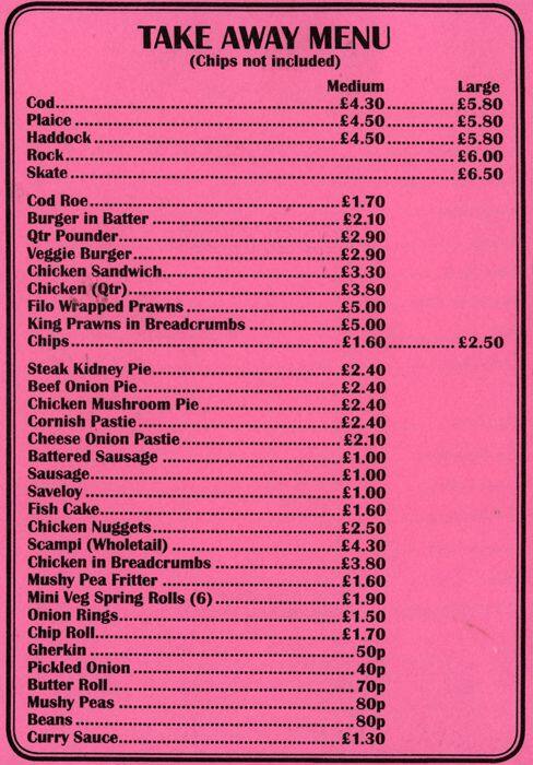 Menu at Claygate Fish Inn restaurant, Esher