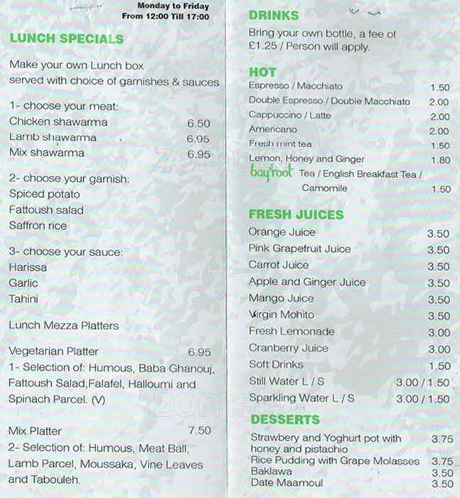 Bayroot menu