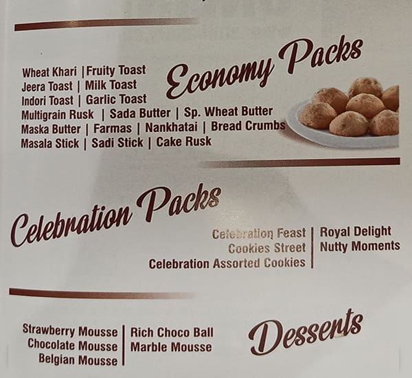 Menu at Atul Bakery, Surat, 6V82+GRM