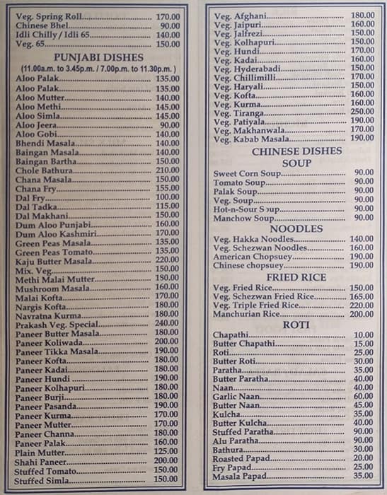 Hotel Prakash menu
