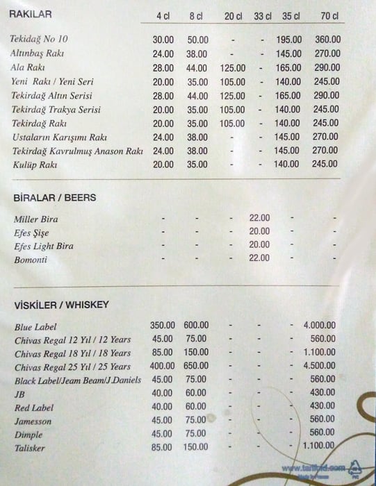 Menu at Steak and More Restaurant, Istanbul