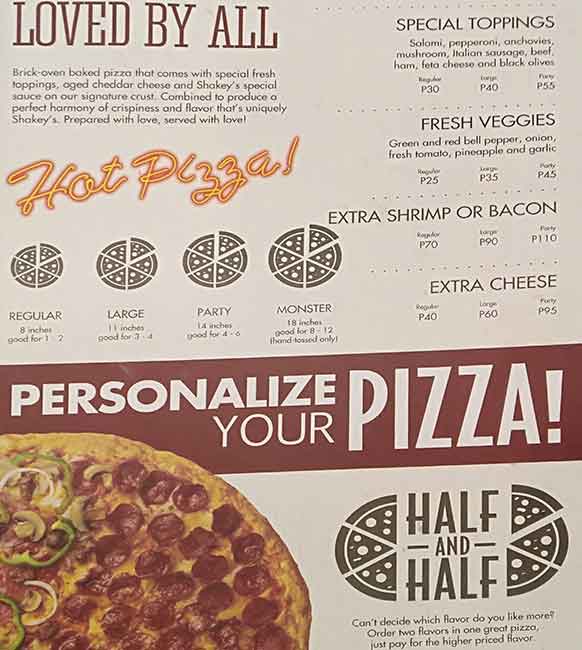 Shakey's меню