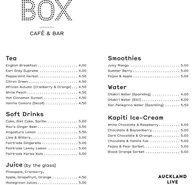 Box Cafe & Bar Menu, Menu for Box Cafe & Bar, Queen Street, Auckland