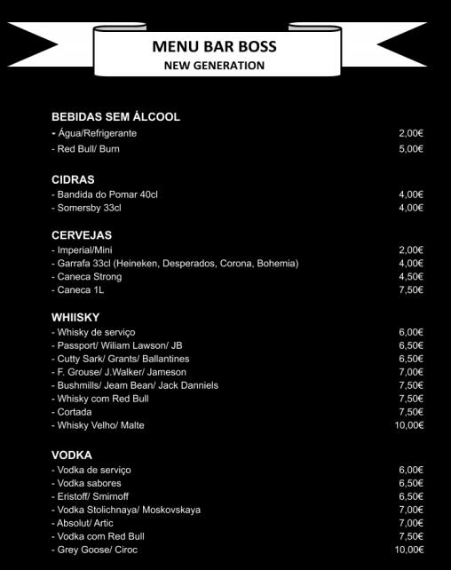 Menu at Bar Boss New Generation, Portugal