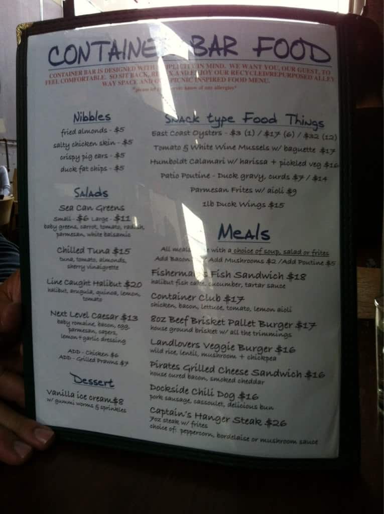Container Bar Menu, Menu untuk Container Bar, Kensington, Calgary