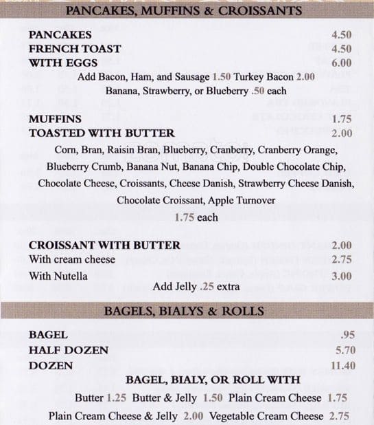 Menu at Bagel Villa cafe, New York City, 5th Ave