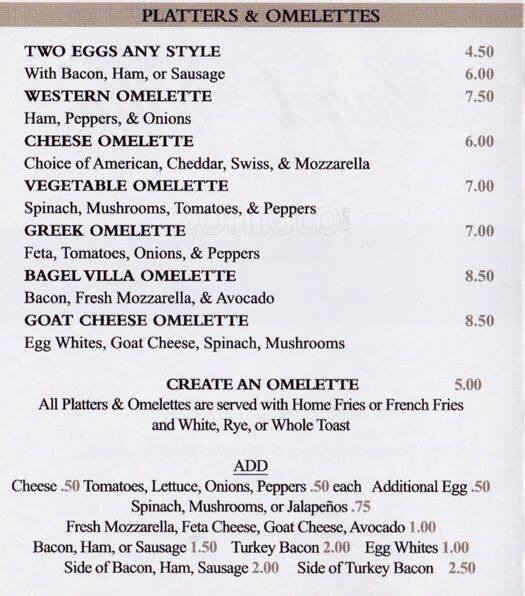 Menu at Bagel Villa cafe, New York City, 5th Ave
