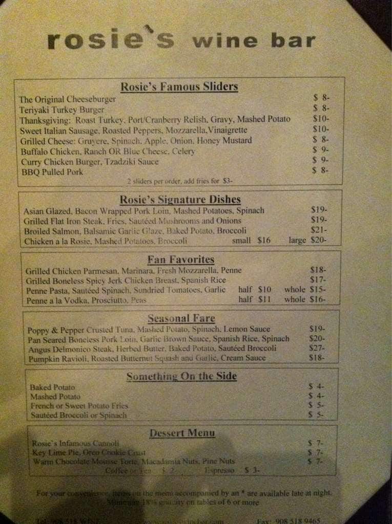 Menu at Rosie's Wine Bar, Garwood