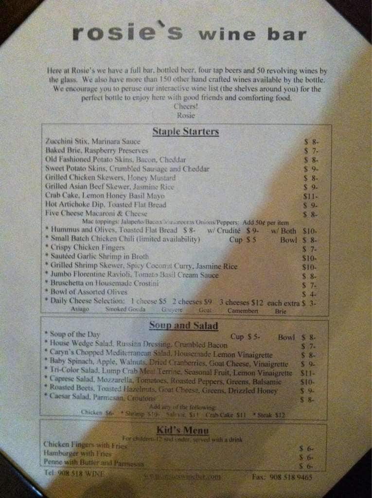 Menu at Rosie's Wine Bar, Garwood