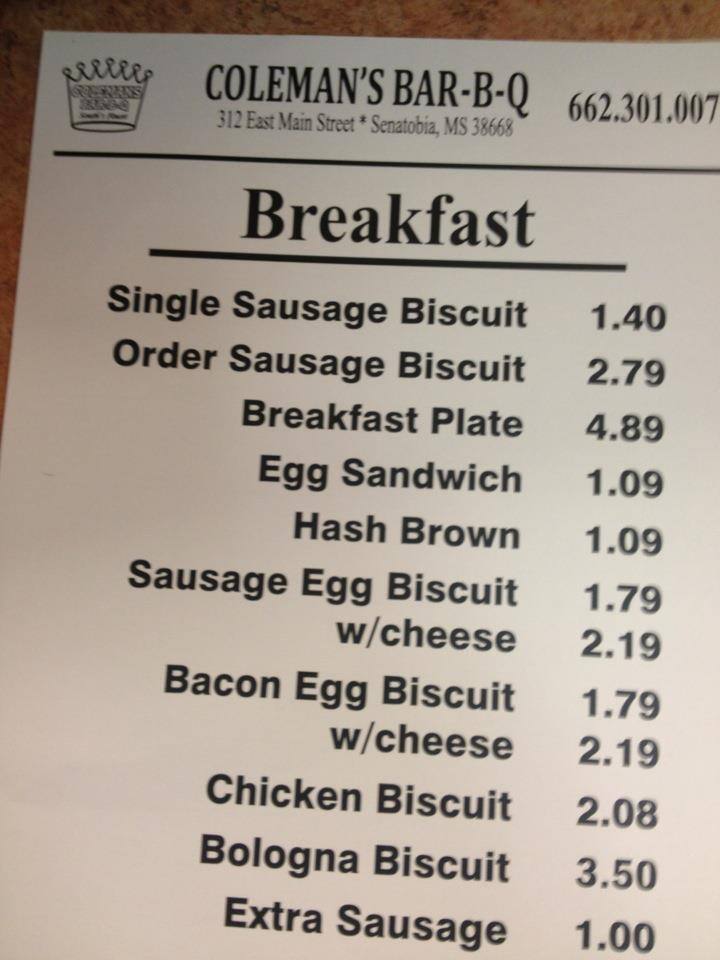Menu at Coleman's BarBQ,LLC, Senatobia