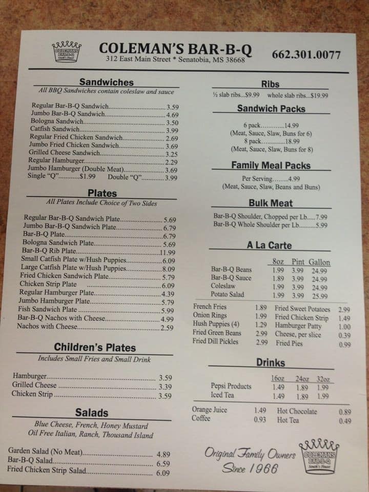 Menu at Coleman's Bar-B-Q,LLC, Senatobia