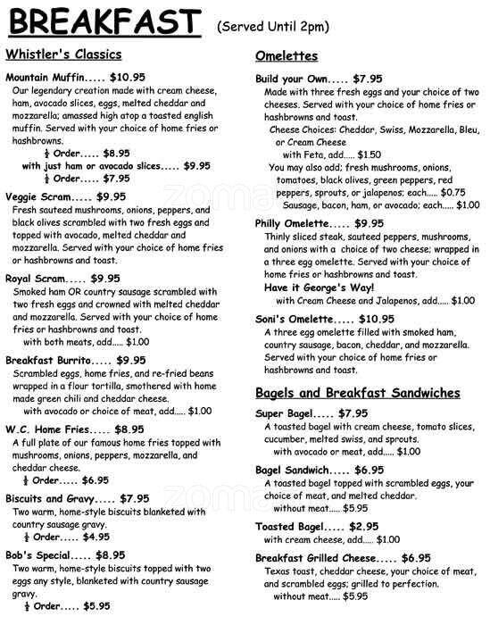 The Original Whistler Cafe Menu Urbanspoon/Zomato