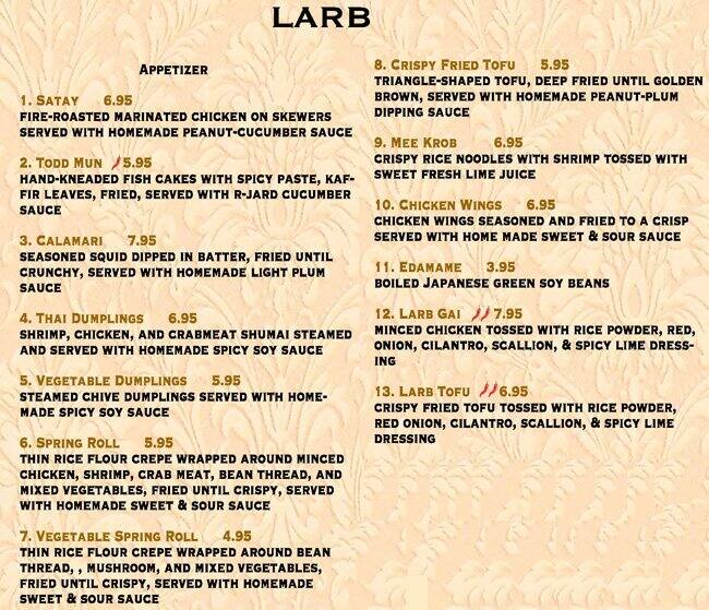 Larb Thai Restaurant Menu, Menu for Larb Thai Restaurant, Brunswick