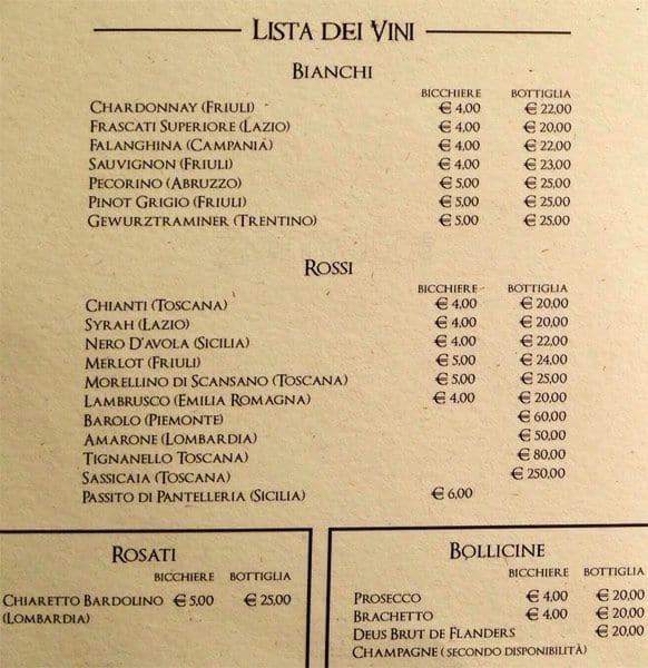 Menu di Ristorante roma campo de fiori 