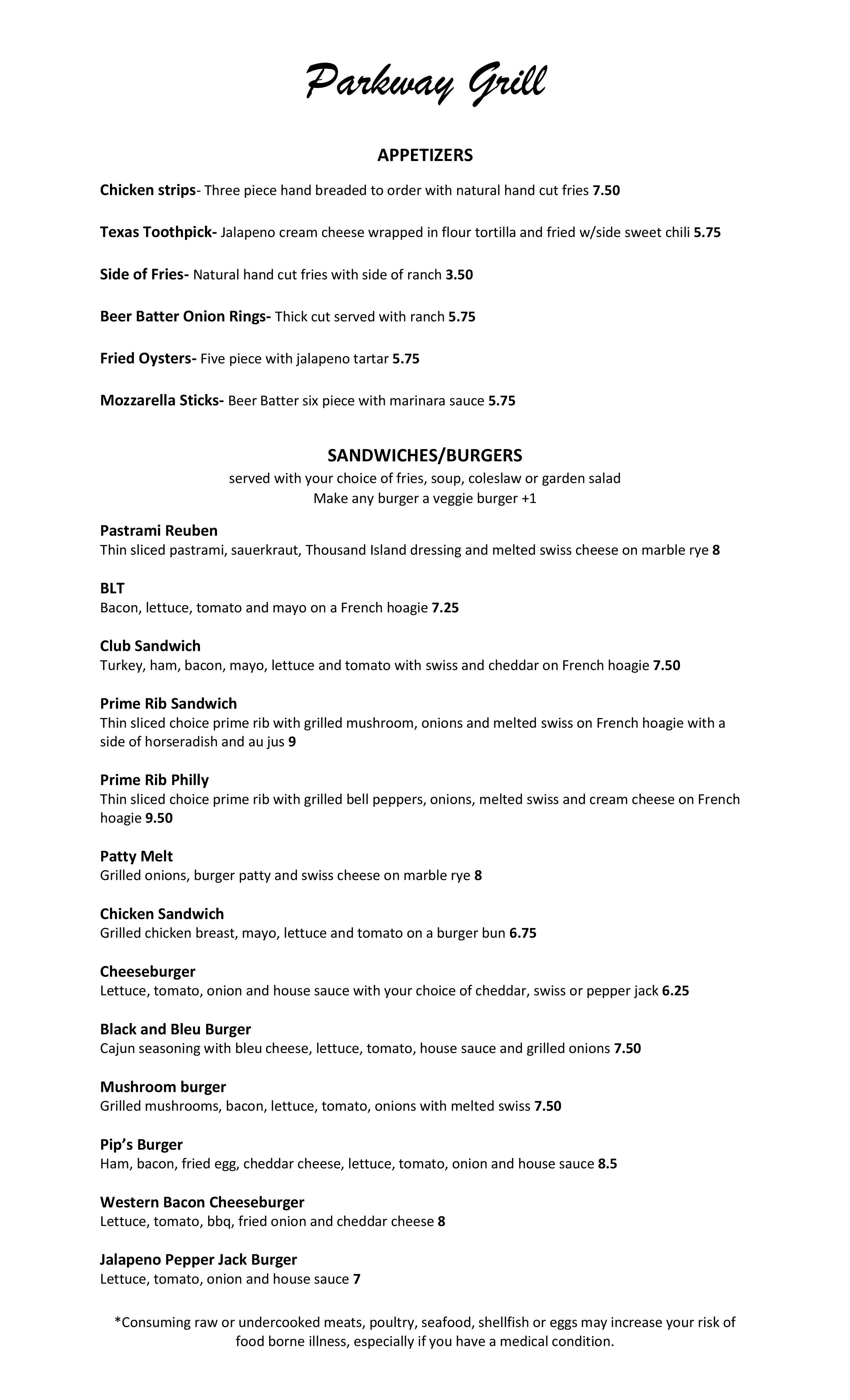 Parkway Grill Menu, Menu for Parkway Grill, Fairview, Fairview