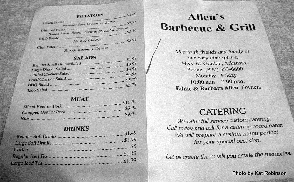 Menu at Allen's Barbeque & Grill, Gurdon